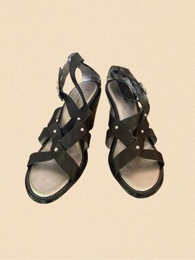 Anna Capri Made in Italy Black Leather Studded Wedge Sandals Size 10M